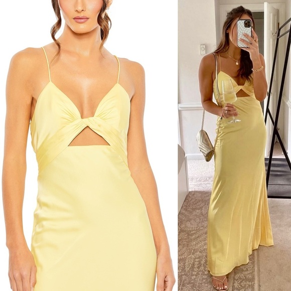 MAC DUGGAL Butter Yellow Satin Twist Front V-Neck Cutout Sleeveless Maxi Gown 16 - Picture 5 of 9
